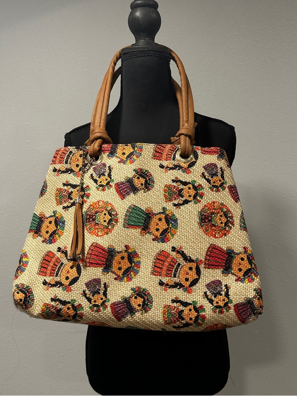 Woven Mexican Dolls Tote Bag with Tan Handles